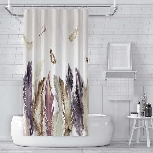 BUKITA Duschvorhang 180x180 Feder, Modern Drucken Textil Anti-schimmel Wasserdicht Waschbar Badvorhang aus Polyester Stoff mit 12 Plastik Haken, duschvorhang badewanne Bad Vorhang von BUKITA