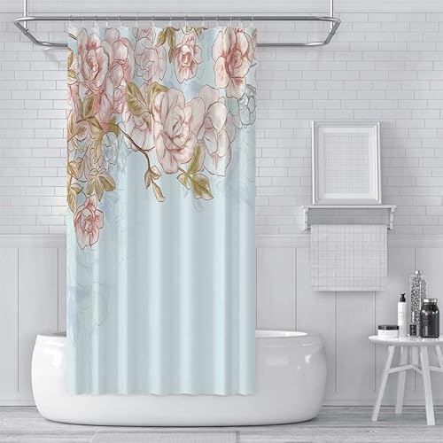 Duschvorhang 180x200 Die Blumen, Hellblau Drucken Textil Anti-schimmel Wasserdicht Waschbar Badvorhang aus Polyester Stoff mit 12 Plastik Haken, duschvorhang badewanne Bad Vorhang von BUKITA