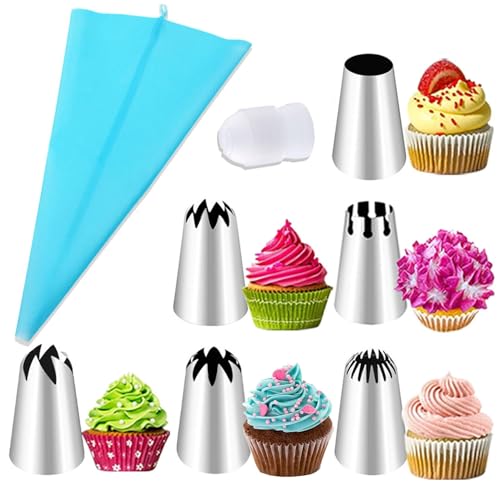 BUKYCAT Spritztüte Set, 1 Spritzbeutel + 6 Spritztüllen + 1 Kuchentüllen, Wiederverwendbaren Spritzbeuteln, Spritztüllen Spritzbeutel Set für Dekorieren Von Gebäck, Torten Geeignet, Keksen, Cupcakes von BUKYCAT
