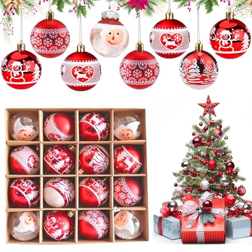 Weihnachtskugeln Kunststoff Set Rot Weiß, 16 Stücke 6CM Christbaumkugel-Set, Christbaumkugeln Deko Weihnachten, Plastik Christbaumkugeln Weihnachtsbaumschmuck mit Aufhänger für Weihnachtsbaum Deko von BUKYCAT