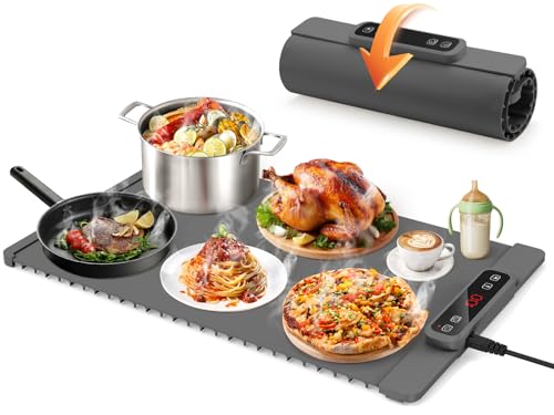 Warmhalteplatte Elektrisch, Speisenwärmer Mit 5 Einstellbarer Temperatur & 4 Stunden Timer, Faltbare Silikon Wärmeplatte essen Elektrisch buffetwärmer heizplatte für Warm Halten oder Auftauen-grau von BULAGE
