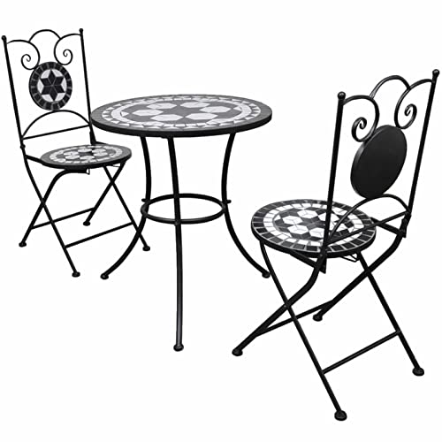 BULANED 3-TLG. Bistro-Set, Bistrotisch Mit 2 Stühlen, Gartenset Tisch Und Stühle, Balkontisch Klein, Bistroset, Keramikfliese Schwarz/Weiß von BULANED