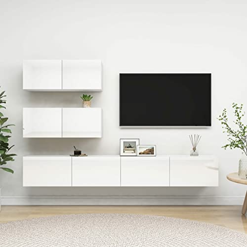 BULANED 4-TLG. TV-Schrank-Set, Tv-möbel & Phonomöbel, Wohnwand Wohnzimmer, Zimmer Möbel, Wandschrank, Anbauwand Wohnzimmer, Hochglanz-Weiß Spanplatte von BULANED