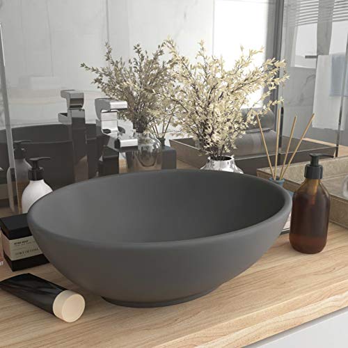 BULANED Luxuriöses Ovales Waschbecken, Aufsatzwaschbecken, Bathroom Sink, Waschtisch, Ablaufgarnitur, Aufsatzbecken, Matt Dunkelgrau 40x33 cm Keramik von BULANED