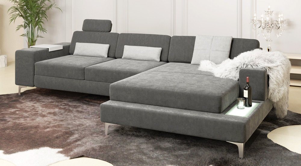 BULLHOFF Ecksofa Designsofa Eckcouch Ecksofa »MÜNCHEN IV« Wohnlandschaft L-Form Sofa LED Couch grau anthrazit samt alcantara XXL Ottomane von BULLHOFF