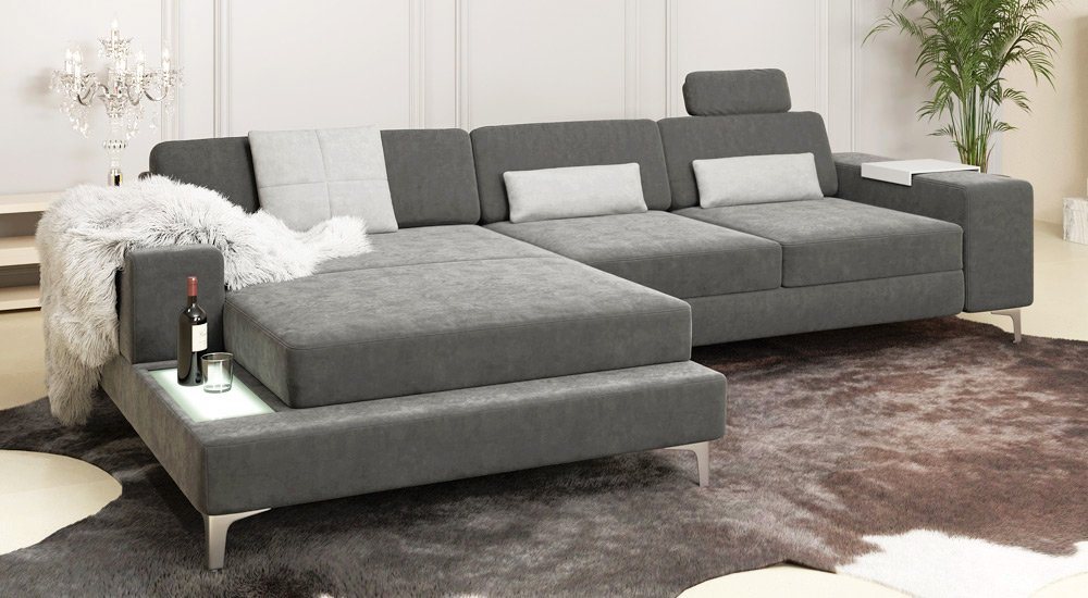 BULLHOFF Ecksofa Designsofa Eckcouch Ecksofa »MÜNCHEN IV« Wohnlandschaft L-Form Sofa LED Couch grau anthrazit samt alcantara XXL Ottomane von BULLHOFF