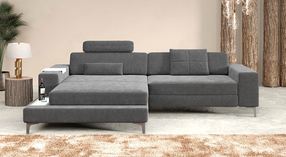 BULLHOFF Ecksofa Designsofa Ecksofa »MÜNCHEN IV« Eckcouch L-Form Sofa LED Couch Wohnlandschaft grau XXL Ottomane von BULLHOFF