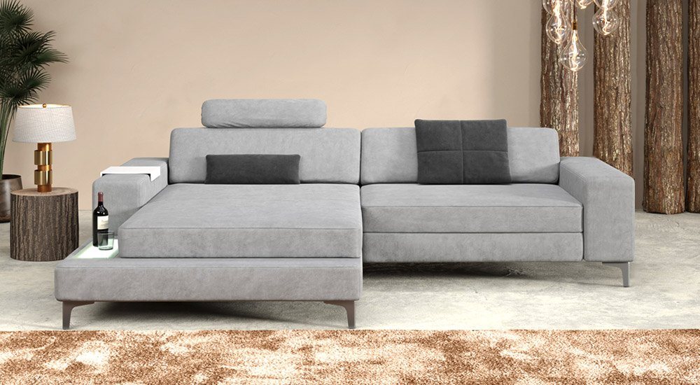 BULLHOFF Ecksofa Designsofa Ecksofa »MÜNCHEN IV« Eckcouch L-Form Sofa LED Couch Wohnlandschaft grau XXL Ottomane von BULLHOFF