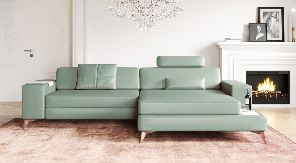 BULLHOFF Ecksofa Ecksofa Leder Eckcouch L-Form Designsofa LED Wohnlandschaft Leder Sofa Couch XXL Mint Grün Creme »MÜNCHEN IV« von BULLHOFF, Made in Europe von BULLHOFF