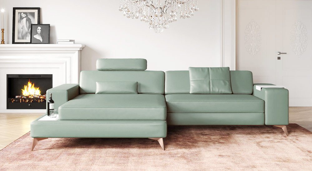 BULLHOFF Ecksofa Ecksofa Leder Eckcouch L-Form Designsofa LED Wohnlandschaft Leder Sofa Couch XXL Mint Grün Creme »MÜNCHEN IV« von BULLHOFF, Made in Europe von BULLHOFF