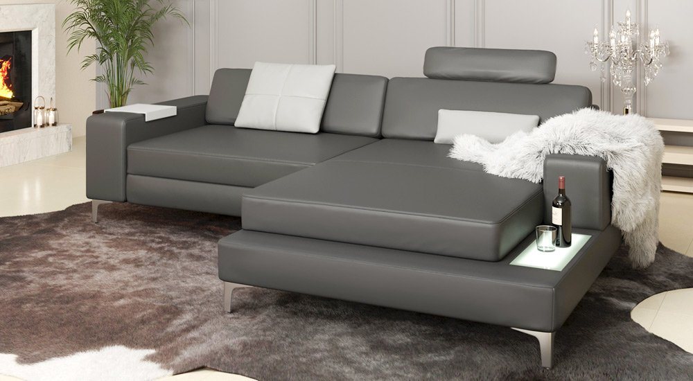 BULLHOFF Ecksofa Ecksofa Leder Sofa Couch XXL Eckcouch L-Form Designsofa LED Wohnlandschaft Anthrazit Dunkelgrau »MÜNCHEN IV« von BULLHOFF von BULLHOFF