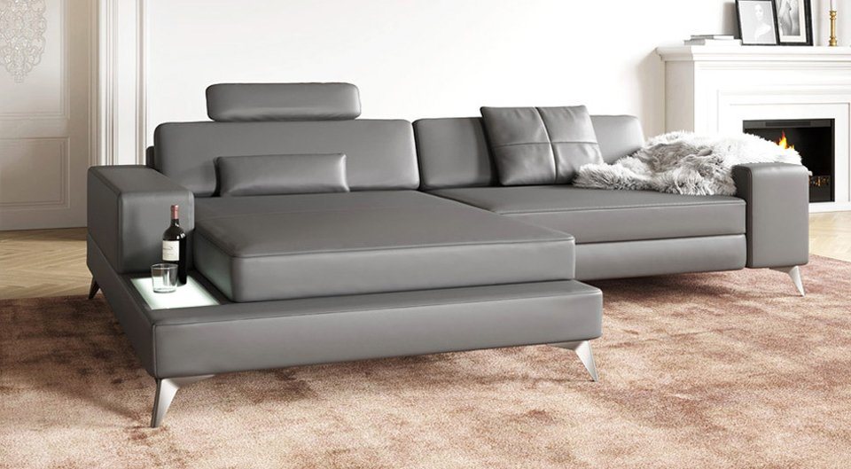 BULLHOFF Ecksofa Leder Ecksofa Eckcouch L-Form Designsofa LED Wohnlandschaft Leder Sofa Couch XXL grau schwarz »MÜNCHEN IV« von BULLHOFF, Made in Europe von BULLHOFF