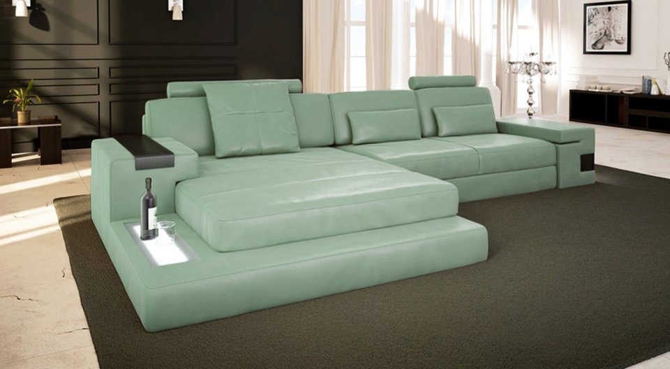 BULLHOFF Ecksofa Leder Ecksofa LED-Licht Couch Grün Leder Blau Eckcouch Sofa HAMBURG von BULLHOFF