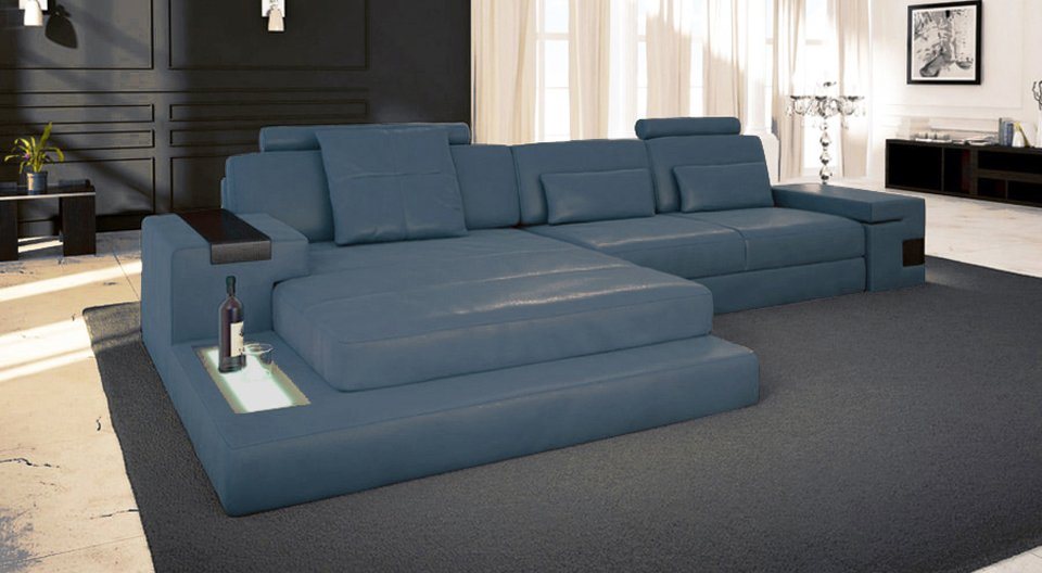 BULLHOFF Ecksofa Leder Ecksofa LED-Licht Couch Grün Leder Blau Eckcouch Sofa HAMBURG von BULLHOFF