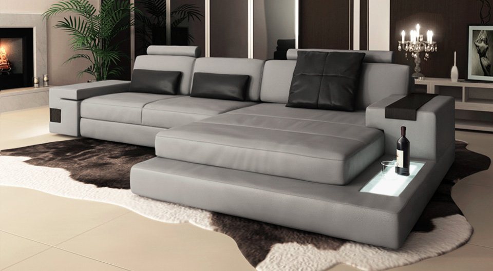 BULLHOFF Schlafsofa Schlafsofa Leder Ecksofa Designsofa Eckcouch L-Form Bettsofa LED Leder Sofa schlaffunktion Couch XL weiss hell grau »HAMBURG III« von BULLHOFF, Made in Europe, das ORIGINAL"" von BULLHOFF