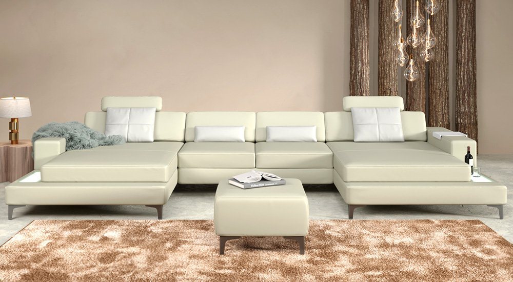 BULLHOFF Wohnlandschaft Leder Wohnlandschaft Ledersofa XXL Ecksofa Eckcouch U-Form Leder Designsofa LED Sofa Couch Creme Taupe Beige »MÜNCHEN« von BULLHOFF von BULLHOFF