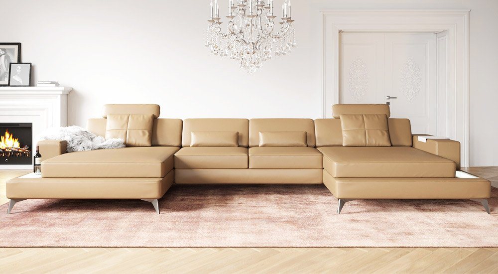 BULLHOFF Wohnlandschaft Leder Wohnlandschaft Ledersofa XXL Ecksofa Eckcouch U-Form Leder Designsofa LED Sofa Couch Creme Taupe Beige »MÜNCHEN« von BULLHOFF von BULLHOFF