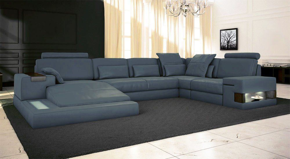 BULLHOFF Wohnlandschaft Leder Wohnlandschaft XXL Sofa U-Form Couch Grün LED Designsofa HAMBURG von BULLHOFF