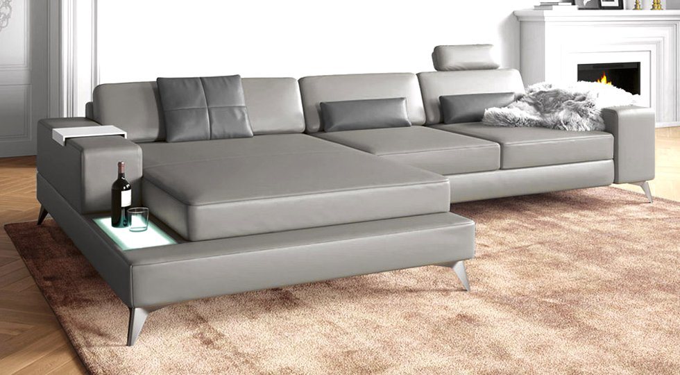 BULLHOFF Wohnlandschaft Wohnlandschaft Leder Ecksofa Designsofa Eckcouch L-Form LED Leder Sofa Couch XL hell grau »MÜNCHEN III« von BULLHOFF, Made in Europe von BULLHOFF