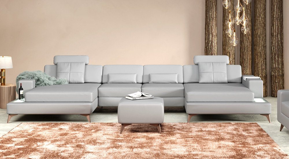 BULLHOFF Wohnlandschaft Wohnlandschaft Leder Ecksofa XXL Eckcouch U-Form Leder Designsofa LED Sofa Couch Grau »MÜNCHEN« von BULLHOFF von BULLHOFF