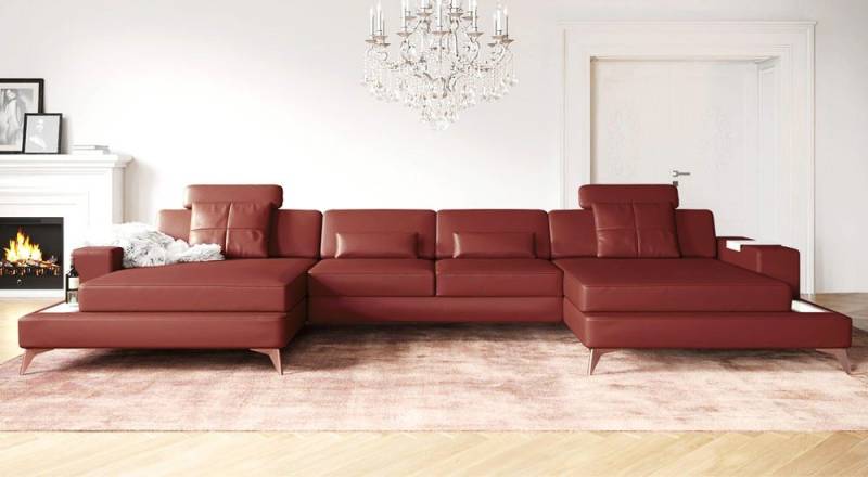 BULLHOFF Wohnlandschaft Wohnlandschaft Leder XXL Ecksofa Eckcouch U-Form Designsofa Leder LED Sofa Couch Cognac Braun »MÜNCHEN« von BULLHOFF von BULLHOFF