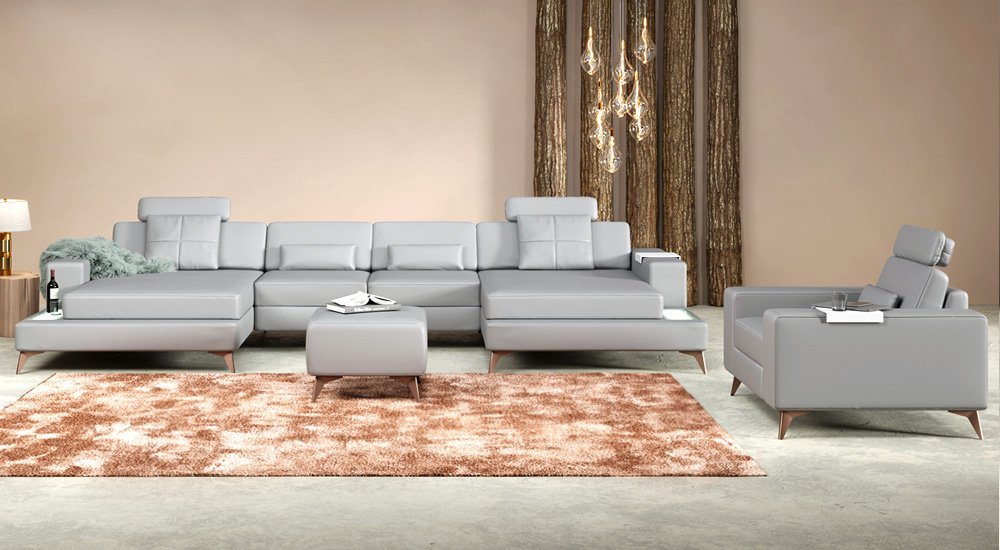 BULLHOFF Wohnlandschaft XXL Wohnlandschaft Leder Ecksofa Eckcouch U-Form Leder Designsofa LED Sofa Couch Grau »MÜNCHEN« von BULLHOFF von BULLHOFF