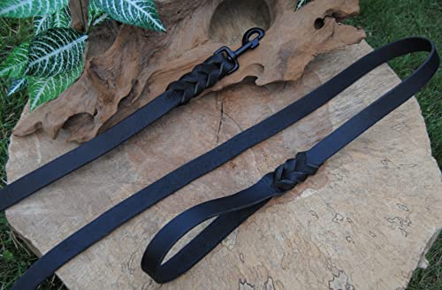 BULLYZEI Extra BREITE Lederleine geflochten schwarz 25mm x 60cm ohne Schlaufe schwarzer Karabiner Führleine von BULLYZEI