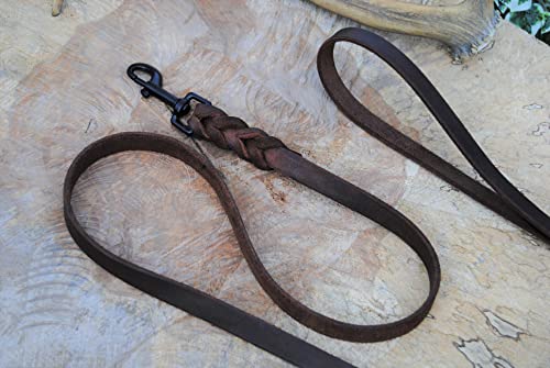 BULLYZEI Lederleine geflochten Antik-Leder 16mm x 2m MIT Schlaufe schwarzer Karabiner Führleine von BULLYZEI