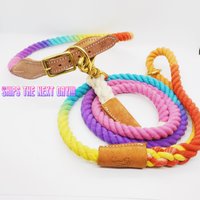 Bulpet Hundehalsband Und Leine Set Aus 100% Bio-Baumwolle in Regenbogenfarben, Braunes Leder Metallteile Gold-Messing Bulpet Hundehalsband Und Leine Set Aus 100% Bio-Baumwolle in Regenbogenfarben, Braunes Leder Metallteile Gold-Messing von BULPET
