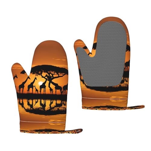 Afrika Giraffe Majestic Tree hitzebeständige Silikon-Ofenhandschuhe – ein Paar rutschfeste Backhandschuhe mit Aufhängeschlaufe, Druckdesign von BULQAPZDF