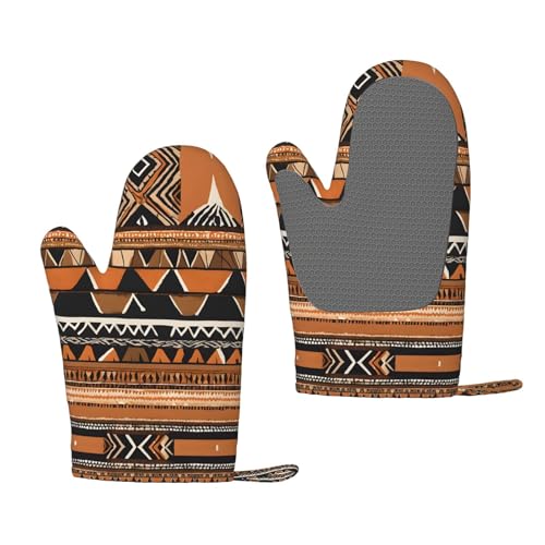 Afrikanische Schlammtuch Tribal hitzebeständige Silikon-Ofenhandschuhe – ein Paar rutschfeste Backhandschuhe mit Aufhängeschlaufe, Druckdesign von BULQAPZDF