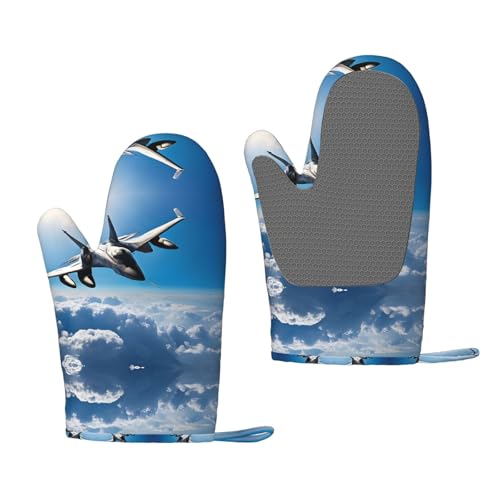 Aircraft Fighter Jets Hitzebeständige Silikon-Ofenhandschuhe – ein Paar rutschfeste Backhandschuhe mit Aufhängeschlaufe, Druckdesign von BULQAPZDF