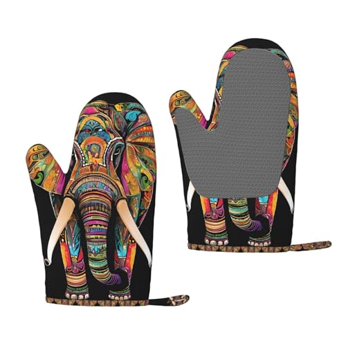 Bunte Elefanten-Ofenhandschuhe, hitzebeständig, Silikon, rutschfest, zum Backen, Grillen, mit Aufhängeschlaufe, Druck-Design, 1 Paar von BULQAPZDF