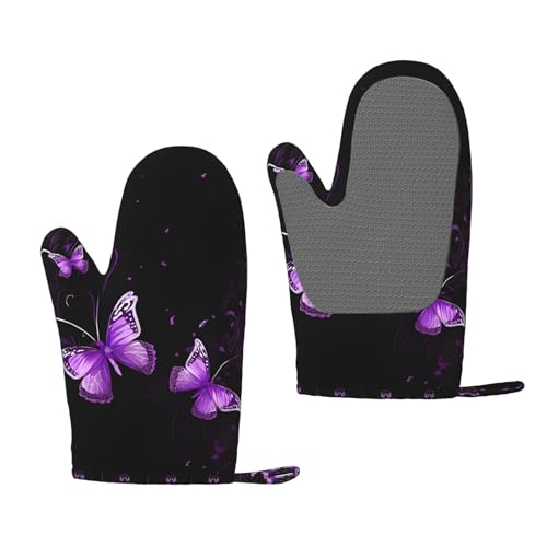 Butterfly-Ofenhandschuhe, hitzebeständig, Silikon, rutschfest, mit Aufhängeschlaufe, Druck-Design, Violett, 1 Paar von BULQAPZDF