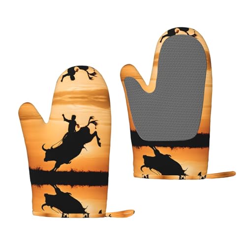 Cool Bull Riding Hitzebeständige Silikon-Ofenhandschuhe – Paar rutschfeste Backhandschuhe mit Aufhängeschlaufe, Druckdesign von BULQAPZDF