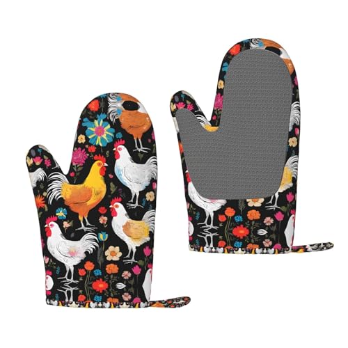 Hitzebeständige Silikon-Ofenhandschuhe mit niedlichem Hahn, 1 Paar rutschfeste Backhandschuhe mit Aufhängeschlaufe, Druckdesign von BULQAPZDF