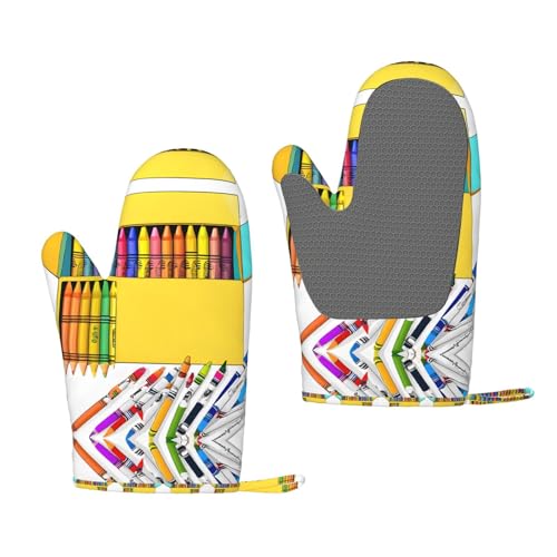Niedliche Buntstifte, hitzebeständige Silikon-Ofenhandschuhe, 1 Paar rutschfeste Backhandschuhe, Grillhandschuhe mit Aufhängeschlaufe, Druckdesign von BULQAPZDF