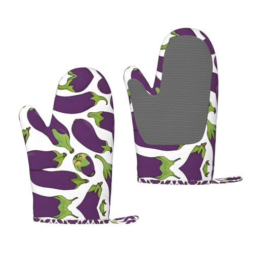 Ofenhandschuhe aus Silikon, Motiv: Cartoon-Auberginen, hitzebeständig, 1 Paar rutschfeste Backhandschuhe mit Aufhängeschlaufe, Druckdesign von BULQAPZDF