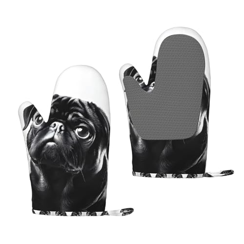 Ofenhandschuhe aus Silikon, Motiv: niedlicher Mops, hitzebeständig, rutschfest, mit Aufhängeschlaufe, Druck-Design, 1 Paar von BULQAPZDF