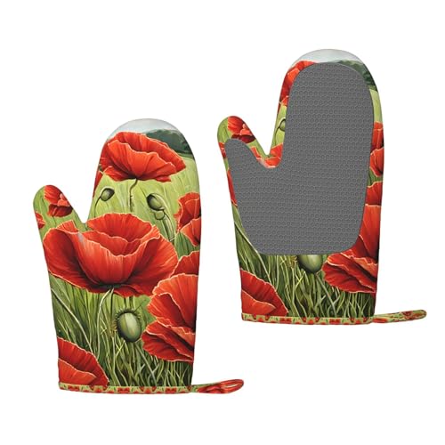 Ofenhandschuhe aus Silikon, Motiv: schöne rote Mohnblumen, hitzebeständig, rutschfest, zum Backen, Grillen, mit Aufhängeschlaufe, Druckdesign von BULQAPZDF