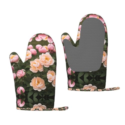 Pfingstrosen hitzebeständige Silikon-Ofenhandschuhe – ein Paar rutschfeste Backhandschuhe mit Aufhängeschlaufe, Druckdesign von BULQAPZDF