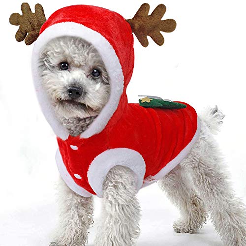 BulzEU Weihnachts-Kostüm für Hunde und Katzen, mit Kapuze, Samt, für Weihnachten, warme Party-Anzug für Teddy, Yorkshire Terrier, Chihuahua, Zwerggspitz, festliche Geschenke von BULZEU