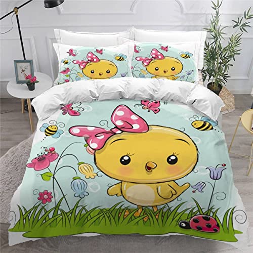 BUMIYA Bettwäsche 135x200 4 teilig Cartoon-Küken 3D Druck Kinder 100% Microfaser Weiche mit Reißverschluss Rosa Schmetterling Bettbezug Jungen Mädchen Sommer Bettwäsche Set mit Kissenbezüge 80×80 cm von BUMIYA