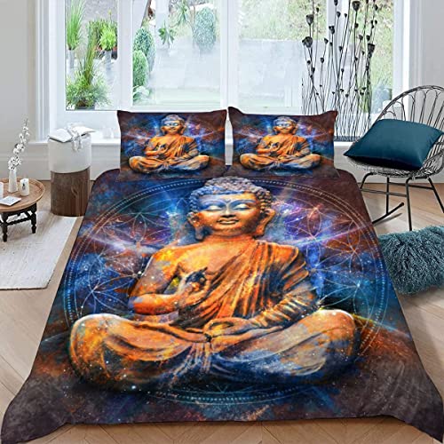 BUMIYA Bettwäsche-Sets 220x240 3 teilig Buddha-Muster Bettwäsche Weiche 100% Mikrofaser mit Reißverschluss Blau Lila 3D Motiv Für Ewachsene Bettwäsche Set mit 2 Kissenbezüge 80×80 cm von BUMIYA