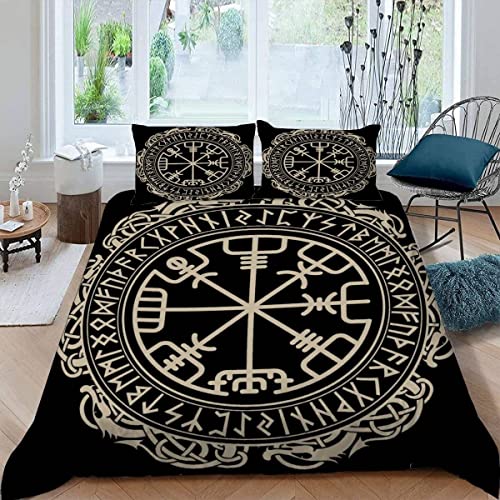 BUMIYA Bettwäsche-Sets 220x240 3 teilig Wikinger Bettwäsche Weiche 100% Mikrofaser mit Reißverschluss Runenkompass 3D Motiv Für Ewachsene Bettwäsche Set mit 2 Kissenbezüge 80×80 cm von BUMIYA