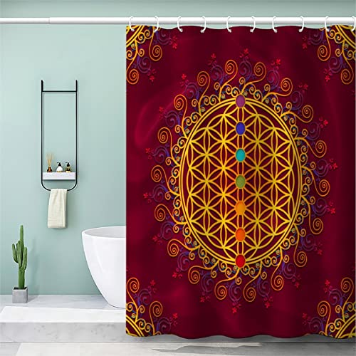 BUMIYA Duschvorhang, Anti-Schimmel Textil Waschbar Blume des Lebens Anti-Bakteriel Badvorhänge Rot Gelb 3D Wasserdicht Duschvorhänge für Badezimmer (120 x 180 cm) von BUMIYA