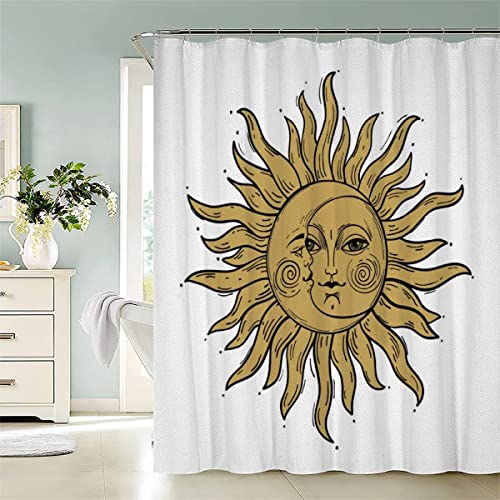 BUMIYA Duschvorhang, Anti-Schimmel Textil Waschbar Goldene Sonne Anti-Bakteriel Badvorhänge Halbmond Mit Gesicht 3D Wasserdicht Duschvorhänge für Badezimmer (180 x 200 cm) von BUMIYA