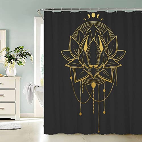BUMIYA Duschvorhang, Anti-Schimmel Textil Waschbar Goldener Lotus Anti-Bakteriel Badvorhänge Schwarze Farbe Goldene Farbe 3D Wasserdicht Duschvorhänge für Badezimmer (120 x 180 cm) von BUMIYA