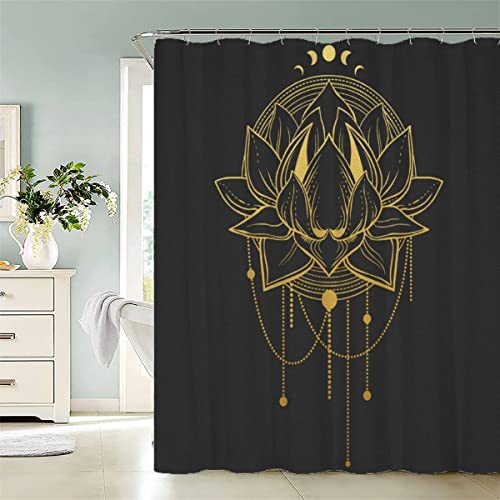 BUMIYA Duschvorhang, Anti-Schimmel Textil Waschbar Goldener Lotus Anti-Bakteriel Badvorhänge Schwarze Farbe Goldene Farbe 3D Wasserdicht Duschvorhänge für Badezimmer (180 x 180 cm) von BUMIYA