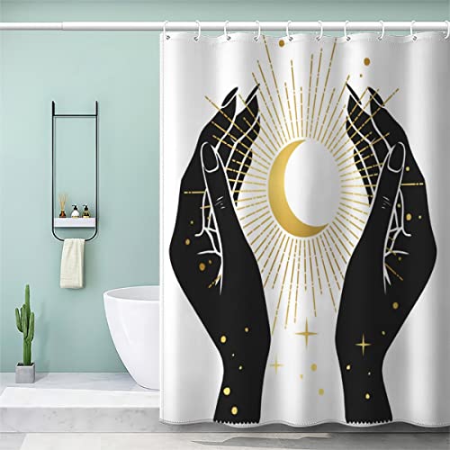 BUMIYA Duschvorhang, Anti-Schimmel Textil Waschbar Halbmond Halten Anti-Bakteriel Badvorhänge Schwarze Farbe Goldene Farbe 3D Wasserdicht Duschvorhänge für Badezimmer (180 x 180 cm) von BUMIYA